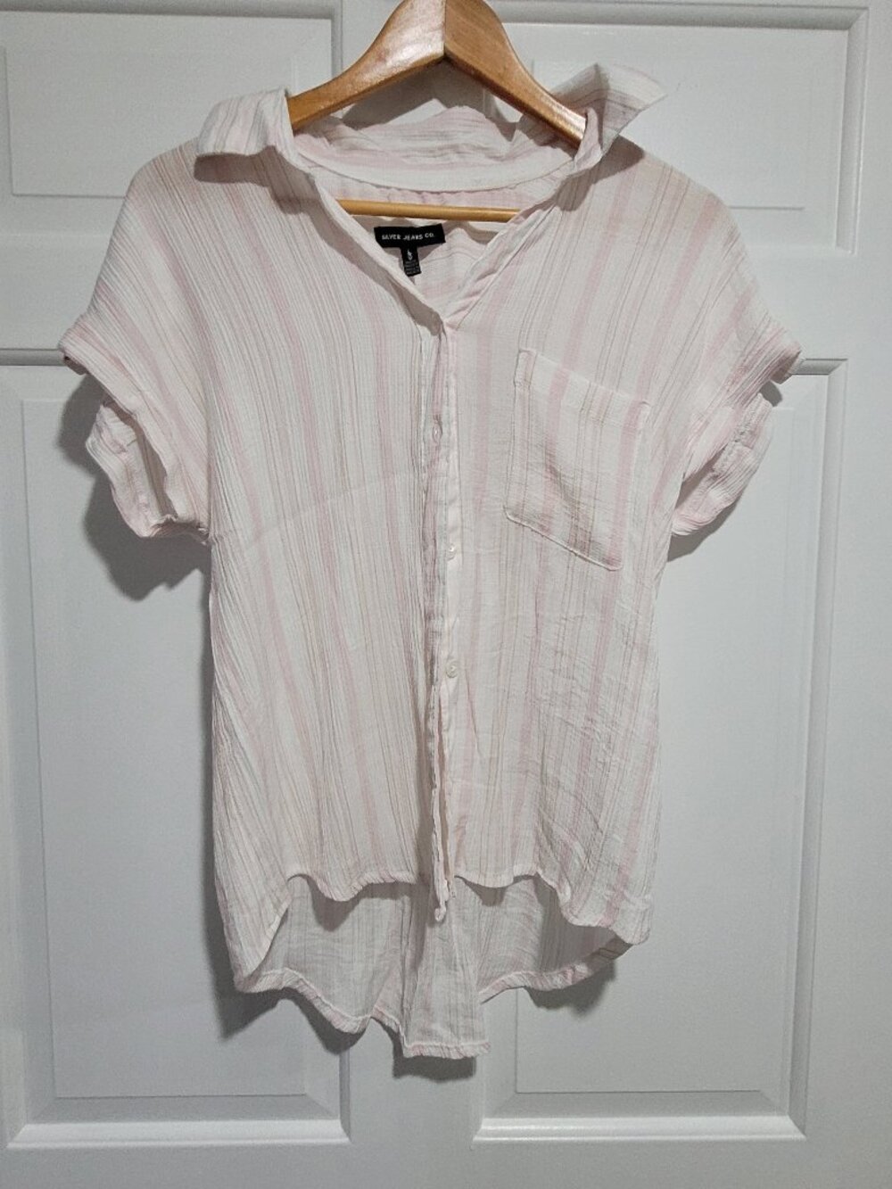 pink and white striped blouse